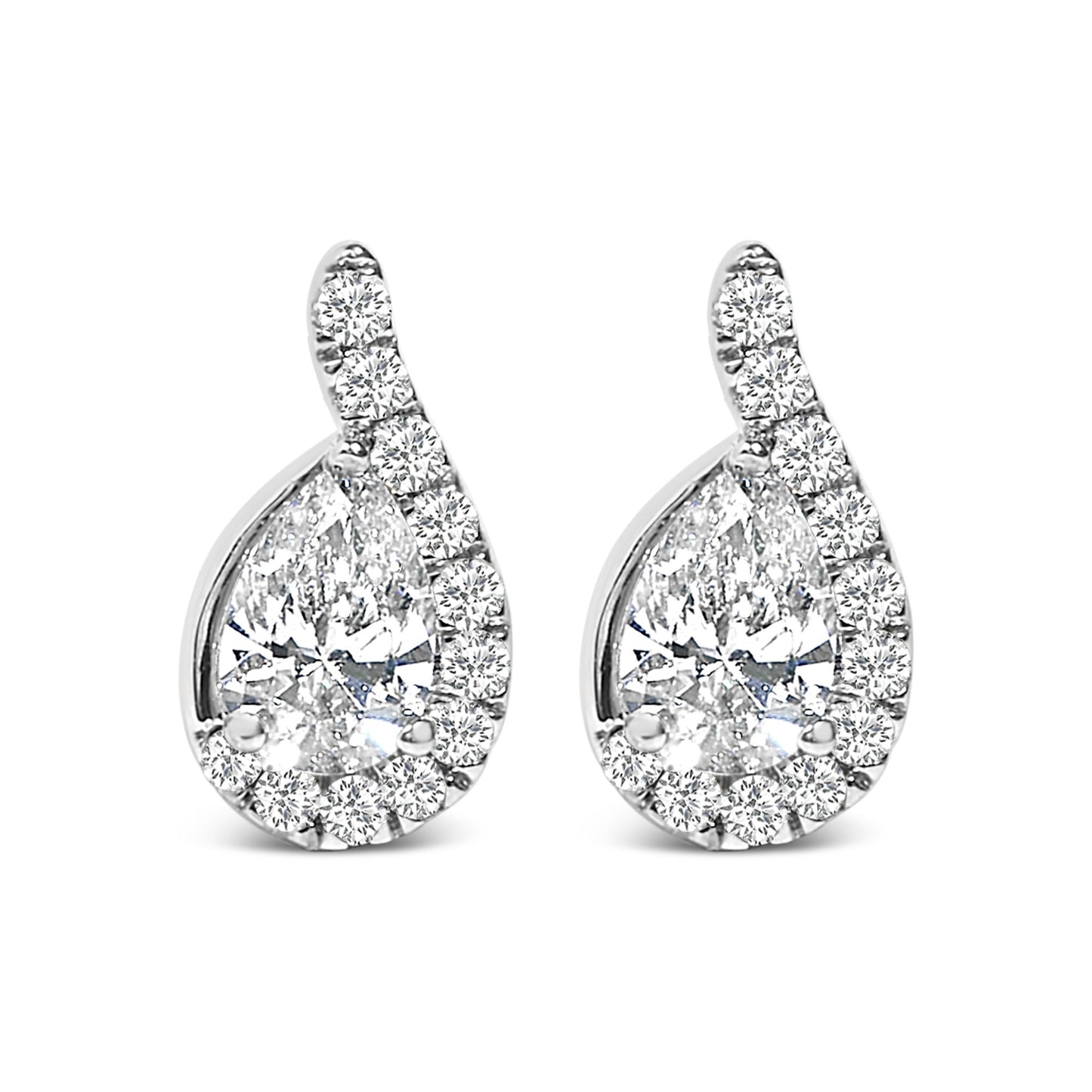 Pair of white metal earrings shown from the front, each featuring a pear-shaped white gemstone surrounded by round white gemstones in a curved design.