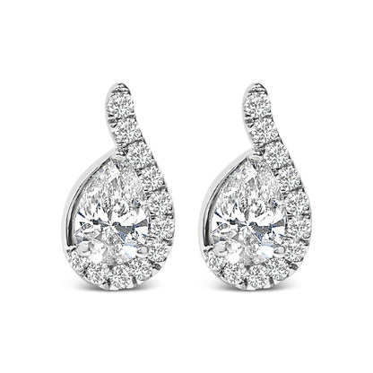 Pair of white metal earrings shown from the front, each featuring a pear-shaped white gemstone surrounded by round white gemstones in a curved design.