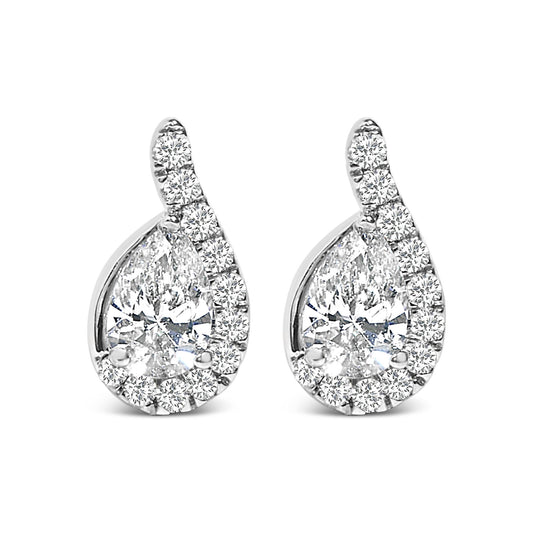 Pair of white metal earrings shown from the front, each featuring a pear-shaped white gemstone surrounded by round white gemstones in a curved design.