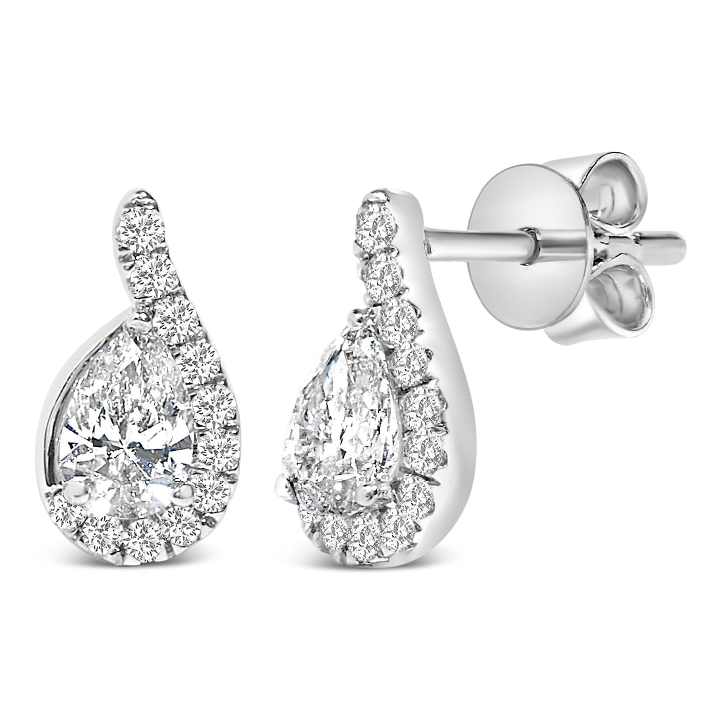 Close-up front and side view of a pair of white metal earrings featuring a pear-shaped white gemstone surrounded by smaller round white gemstones in prong settings.