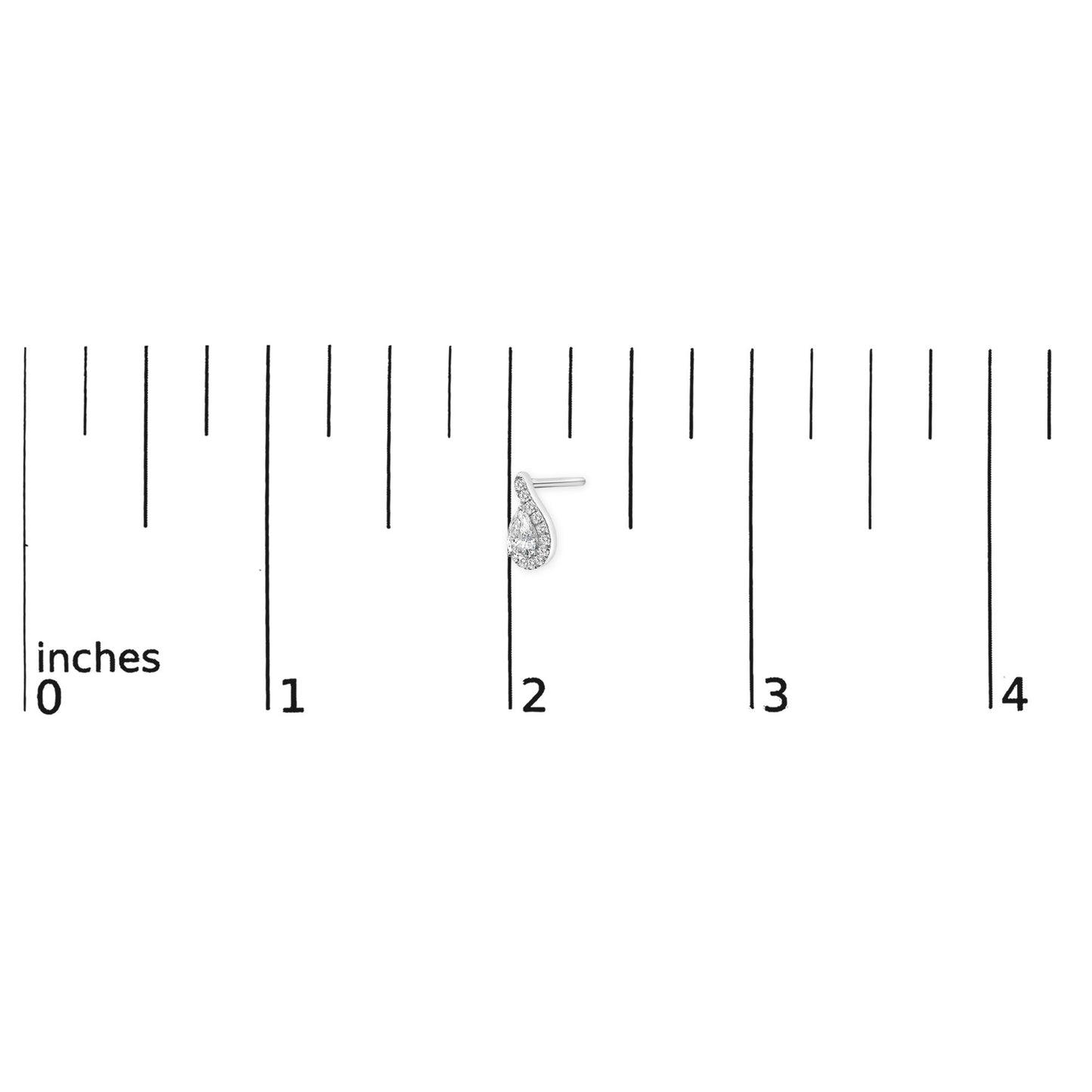 Close-up front view of a white metal pear-shaped earring with prong-set white pear and round gemstones, shown on a ruler scale.