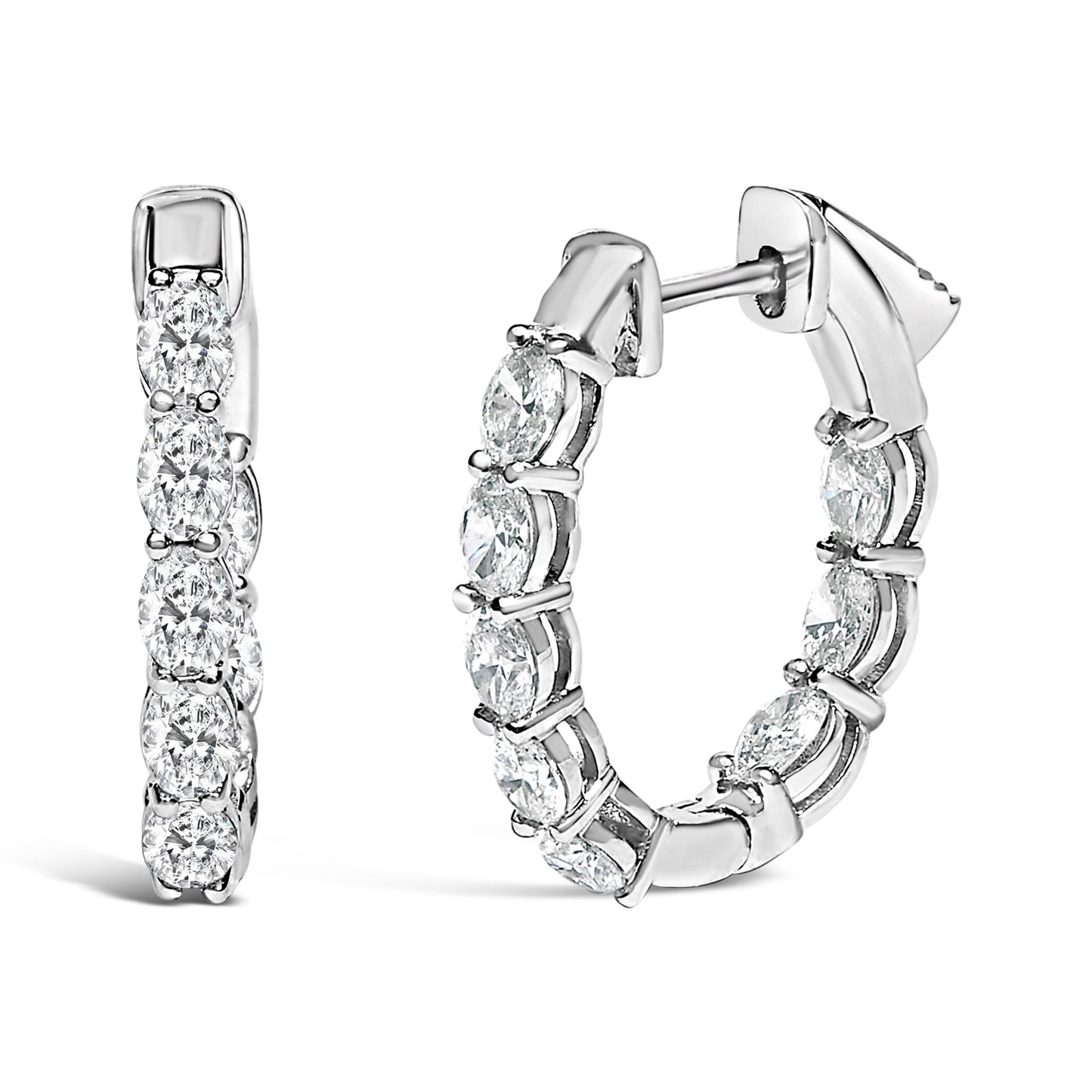 Close-up front and side view of white hoop earrings set with oval-shaped white gemstones in shared prong settings.