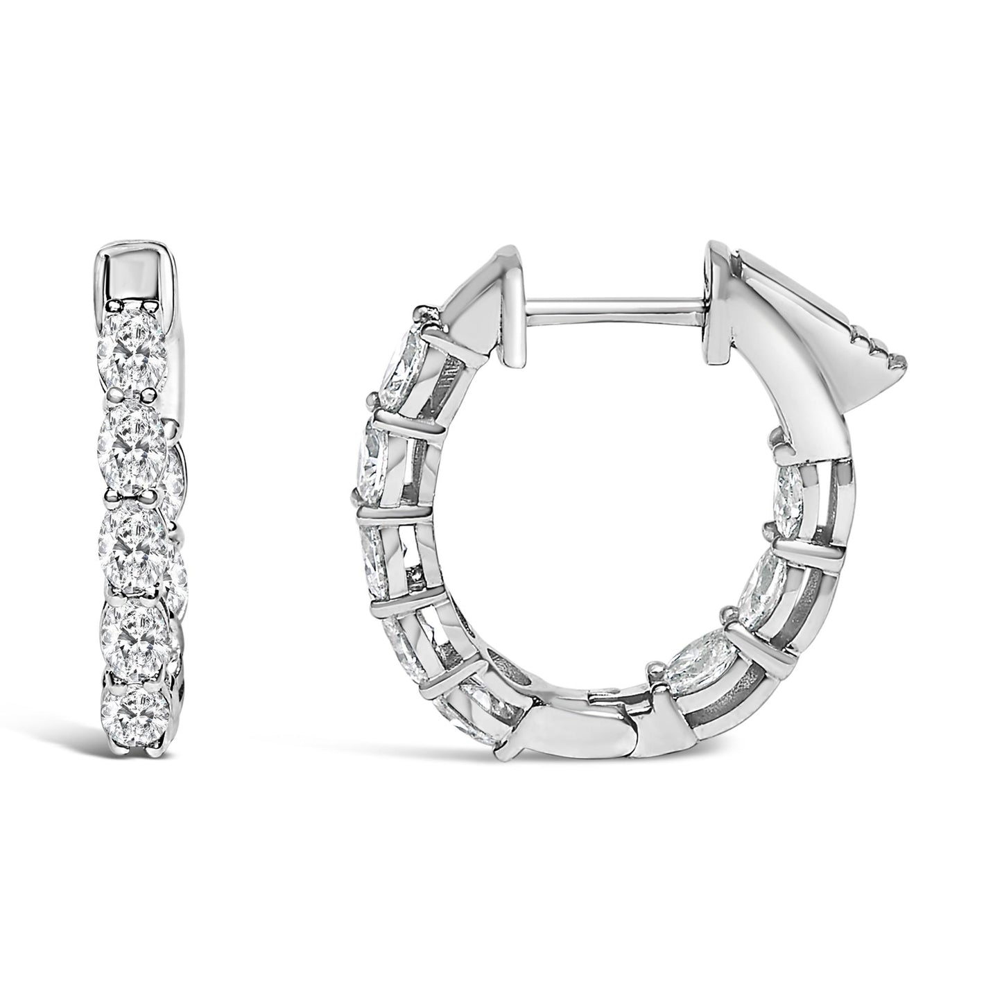 Pair of white metal hoop earrings with oval-shaped white gemstones in shared prong settings, shown from front and side angles on a white background.