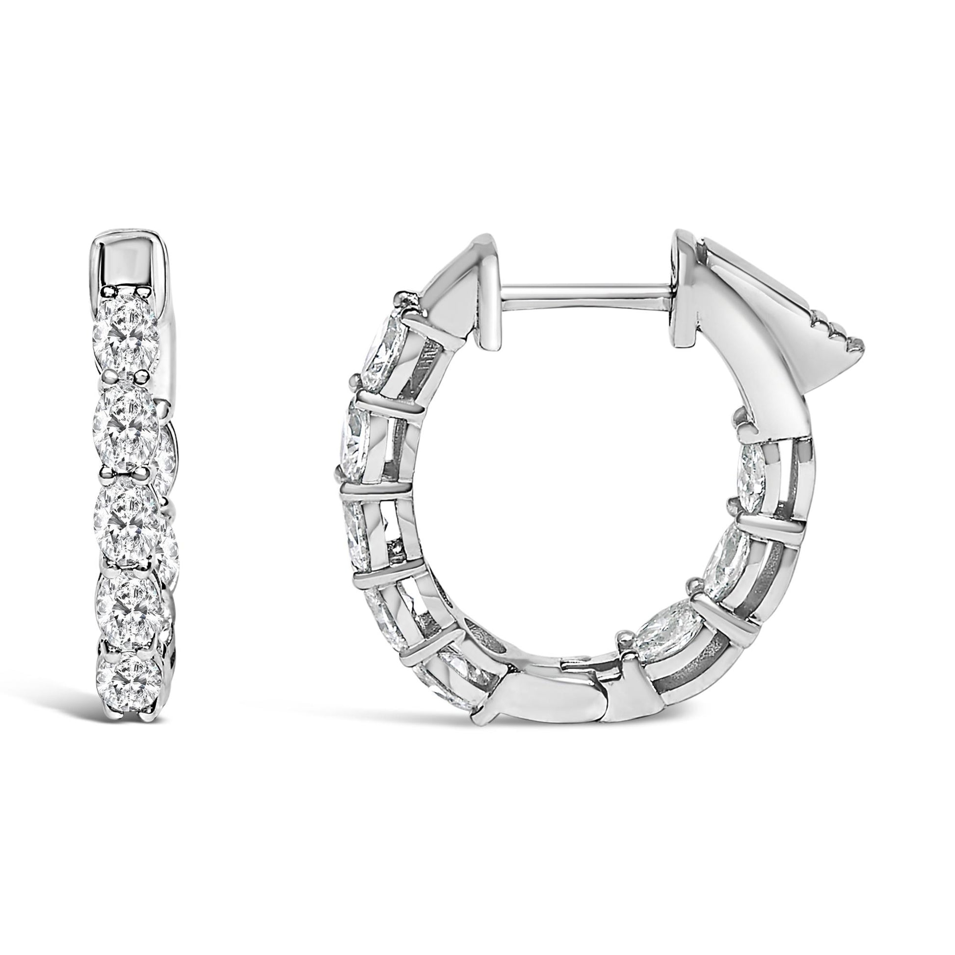 Pair of white metal hoop earrings with oval-shaped white gemstones in shared prong settings, shown from front and side angles on a white background.