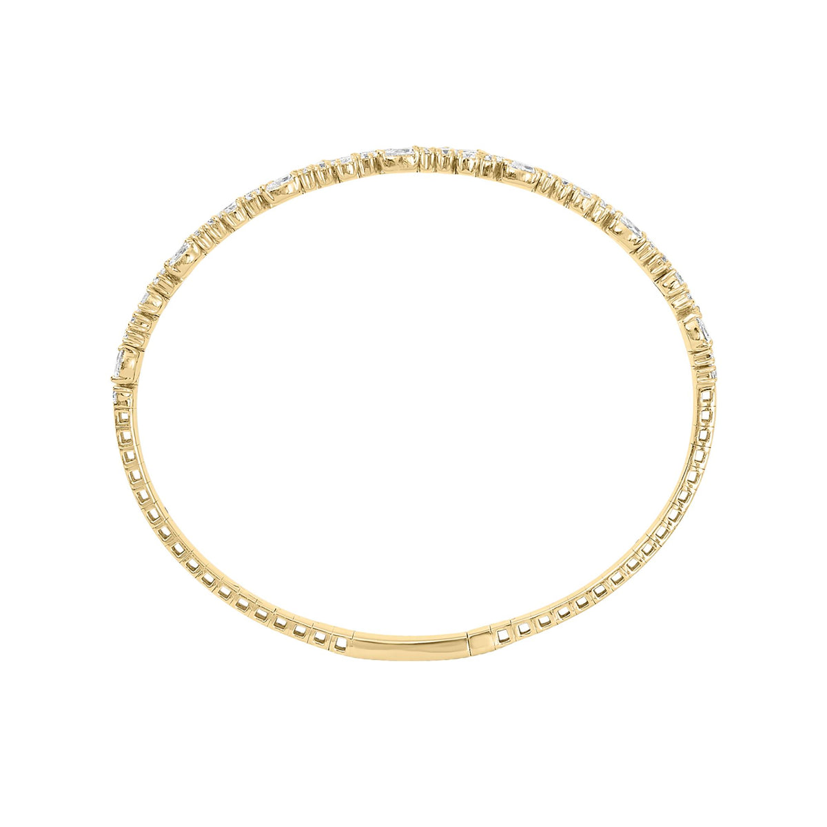 Close-up front view of a yellow bracelet with alternating white pear-shaped and round gemstones set in prongs, shown on a white background.