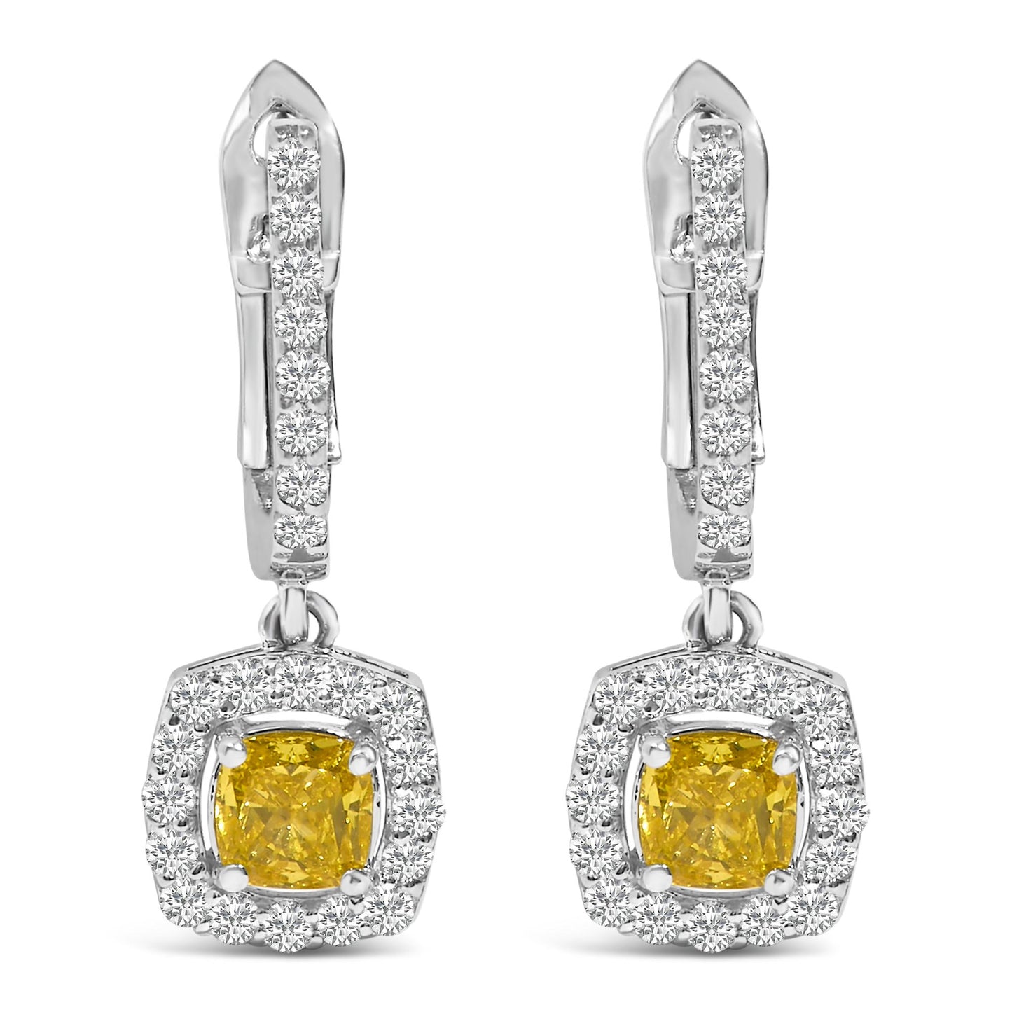 Front view of a pair of white metal dangle earrings with rectangular clasps featuring rows of round white gemstones and square yellow gemstones surrounded by round white gemstones.