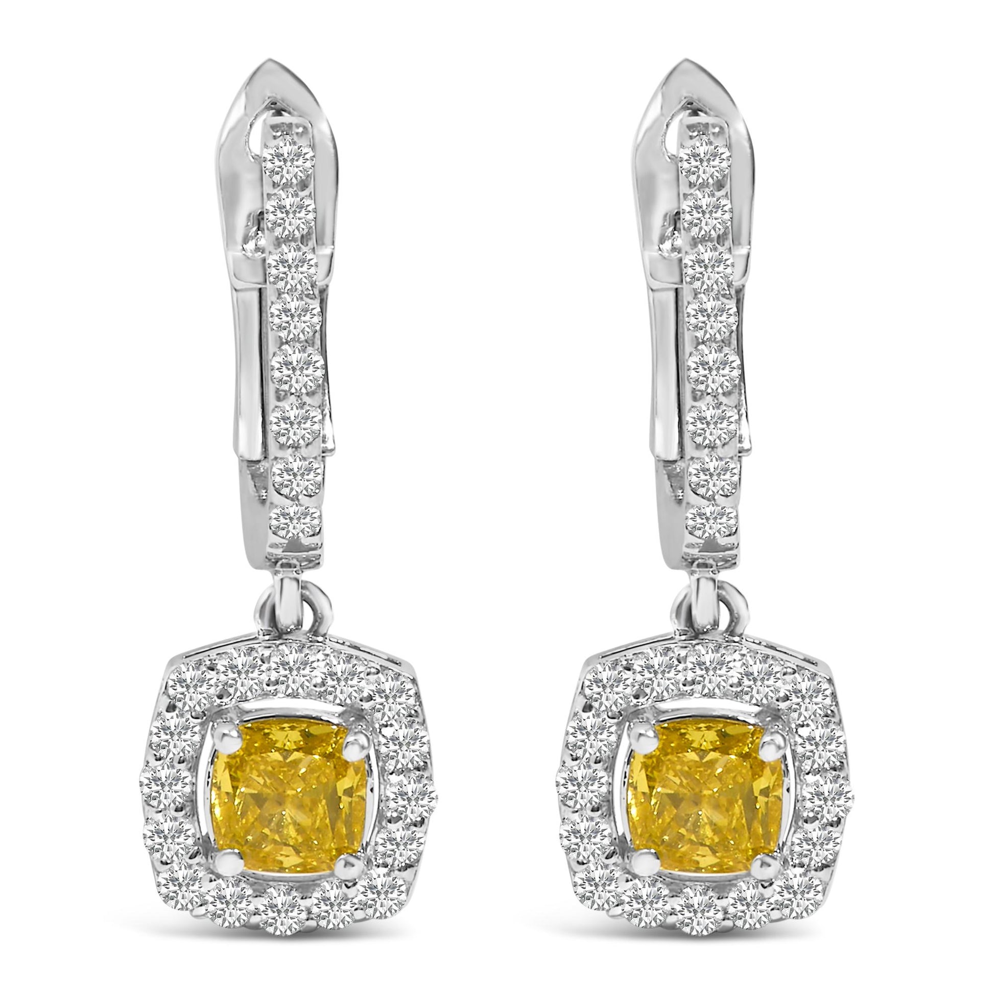 Front view of a pair of white metal dangle earrings with rectangular clasps featuring rows of round white gemstones and square yellow gemstones surrounded by round white gemstones.