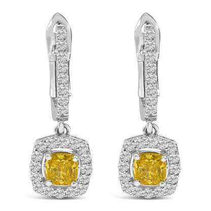 Front view of a pair of white metal dangle earrings with rectangular clasps featuring rows of round white gemstones and square yellow gemstones surrounded by round white gemstones.