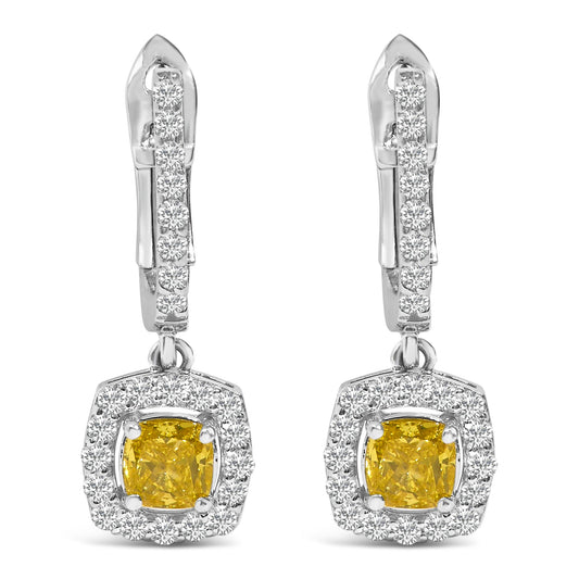 Front view of a pair of white metal dangle earrings with rectangular clasps featuring rows of round white gemstones and square yellow gemstones surrounded by round white gemstones.