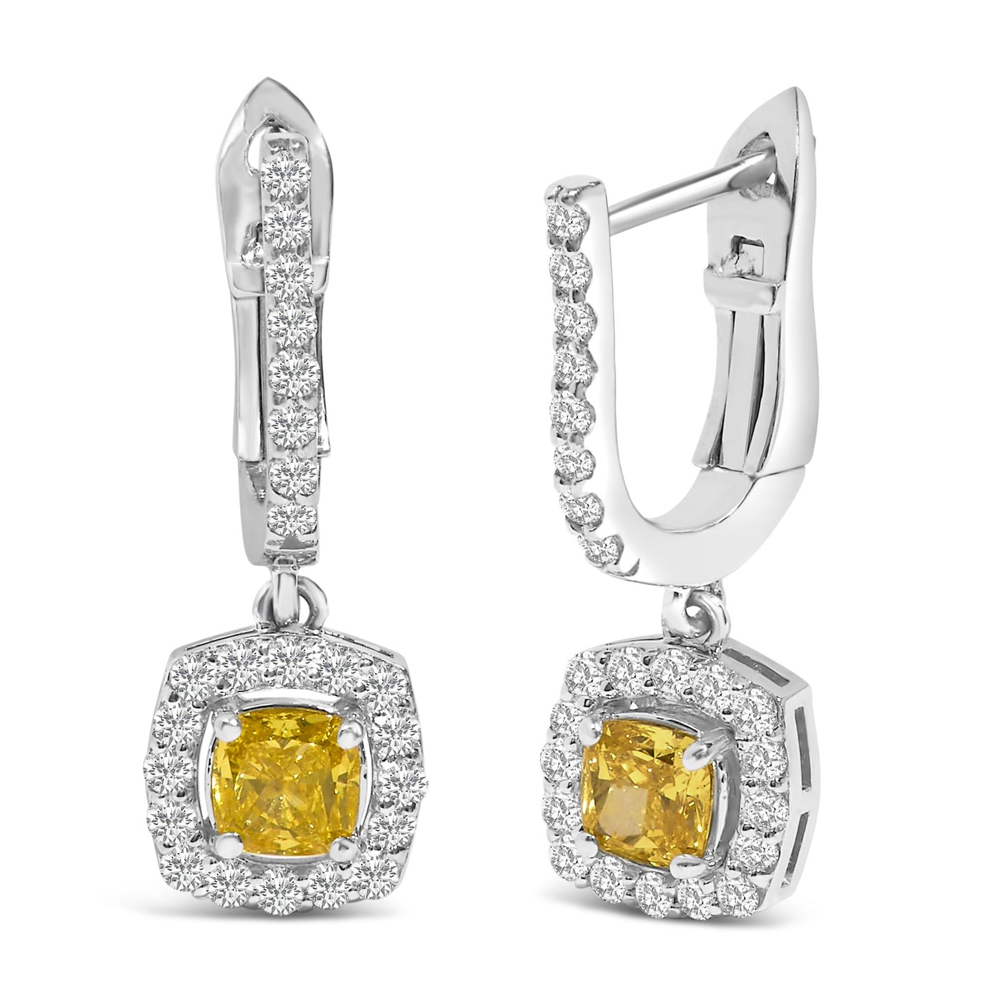 Close-up front and side angled view of white metal earrings with cushion-shaped yellow gemstones surrounded by round white gemstones, and additional round white gemstones set along the hoop.