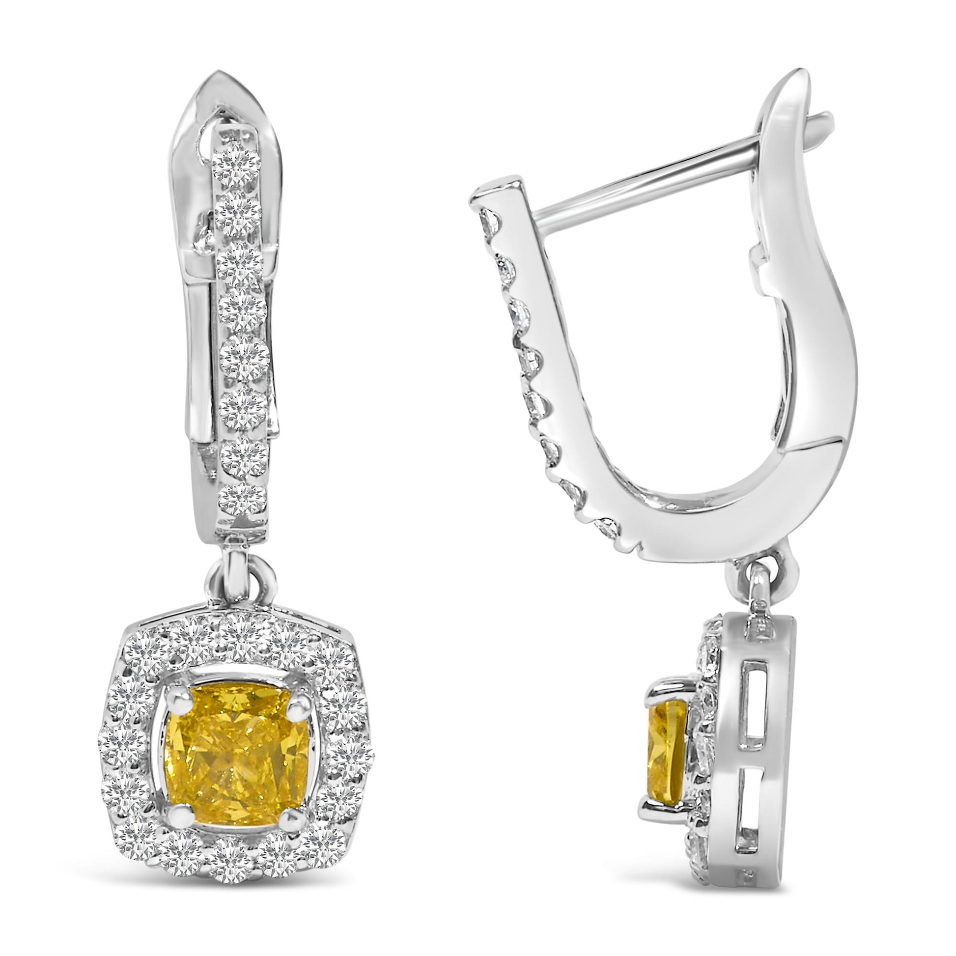 Front and side view of white metal drop earrings with a cushion-shaped yellow gemstone surrounded by round white gemstones, and additional round white gemstones along the hoop.