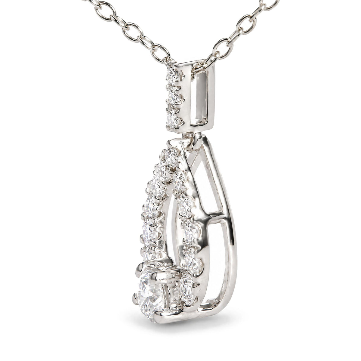 Close-up front angle of a white necklace pendant featuring an open teardrop shape encrusted with round white gemstones in prong settings, shown on a matching chain.