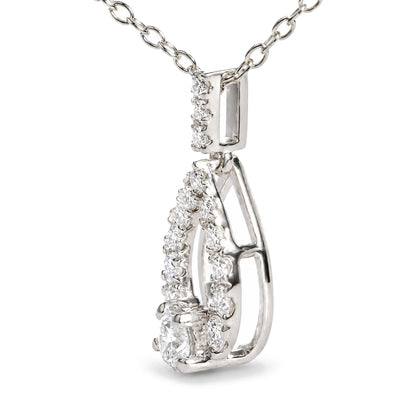 Close-up front angle of a white necklace pendant featuring an open teardrop shape encrusted with round white gemstones in prong settings, shown on a matching chain.