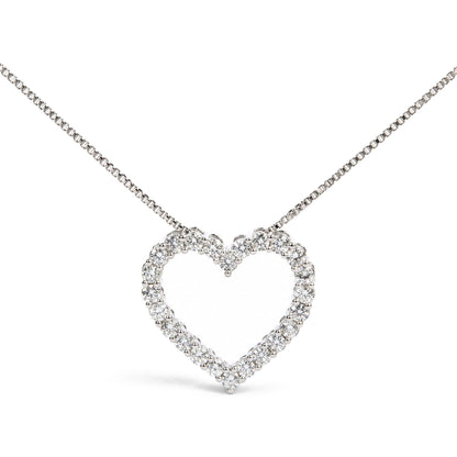 Close-up front view of a white metal necklace featuring a heart-shaped pendant outlined with round white gemstones in prong settings.