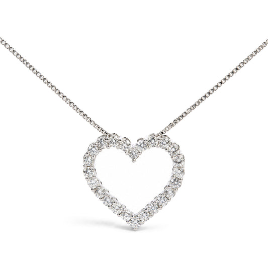 Close-up front view of a white metal necklace featuring a heart-shaped pendant outlined with round white gemstones in prong settings.