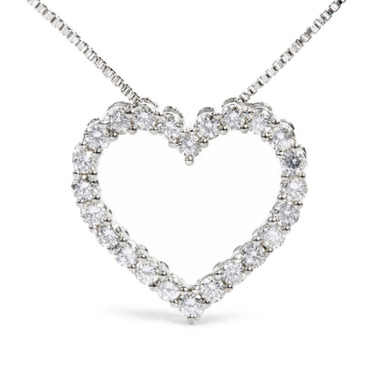 Close-up front view of a white metal heart-shaped necklace pendant adorned with round white gemstones in prong settings.