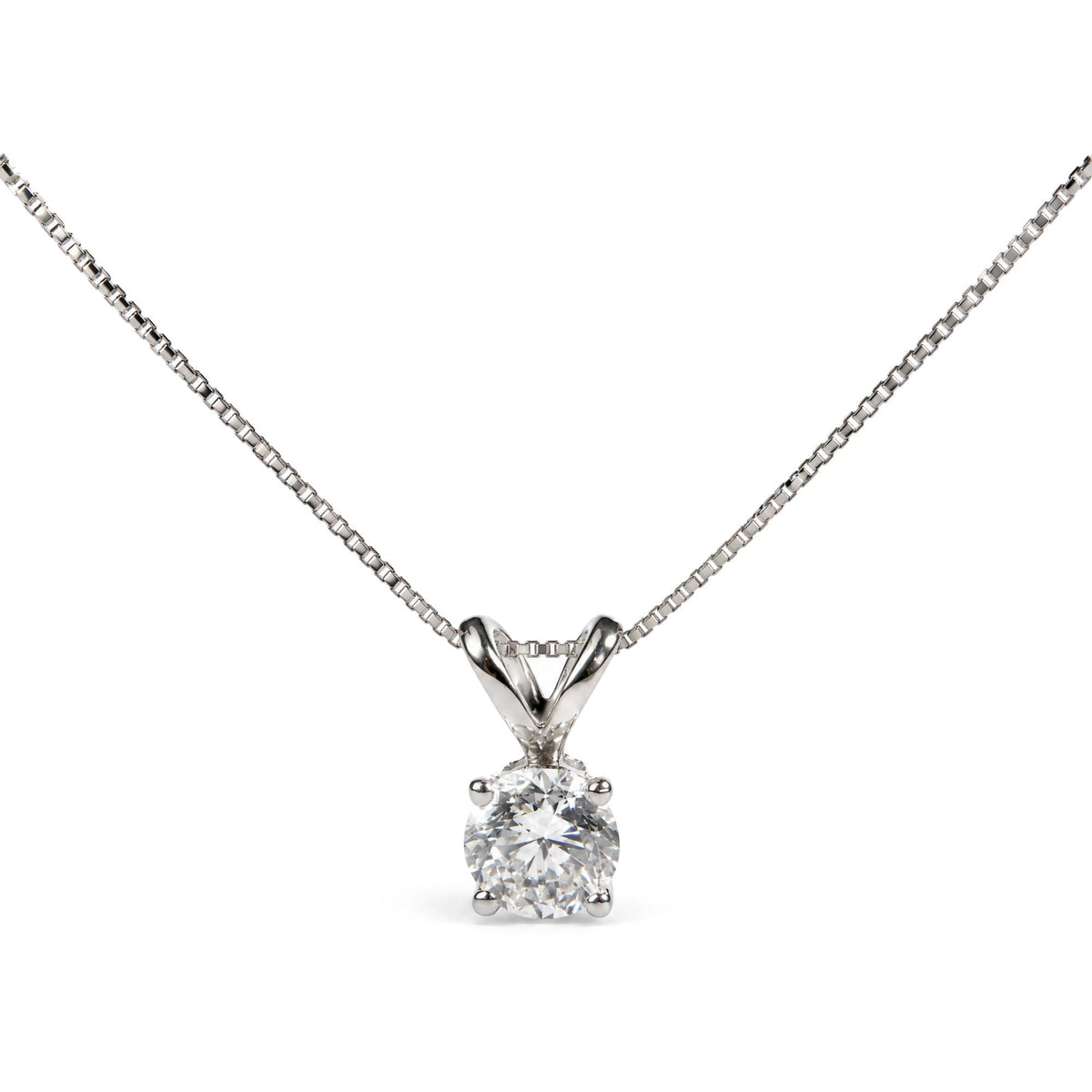 Close-up front view of a white necklace with a chain and a pendant featuring a round white gemstone in a prong setting.