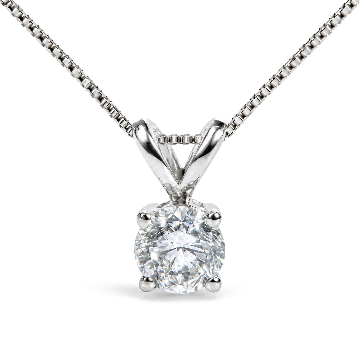 Front view of sterling silver 1.0 cttw round lab grown diamond solitaire pendant necklace showcasing prong setting on white