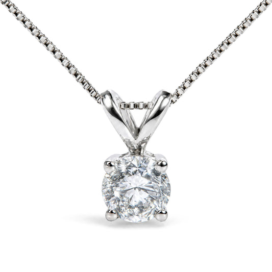 Front view of sterling silver 1.0 cttw round lab grown diamond solitaire pendant necklace showcasing prong setting on white