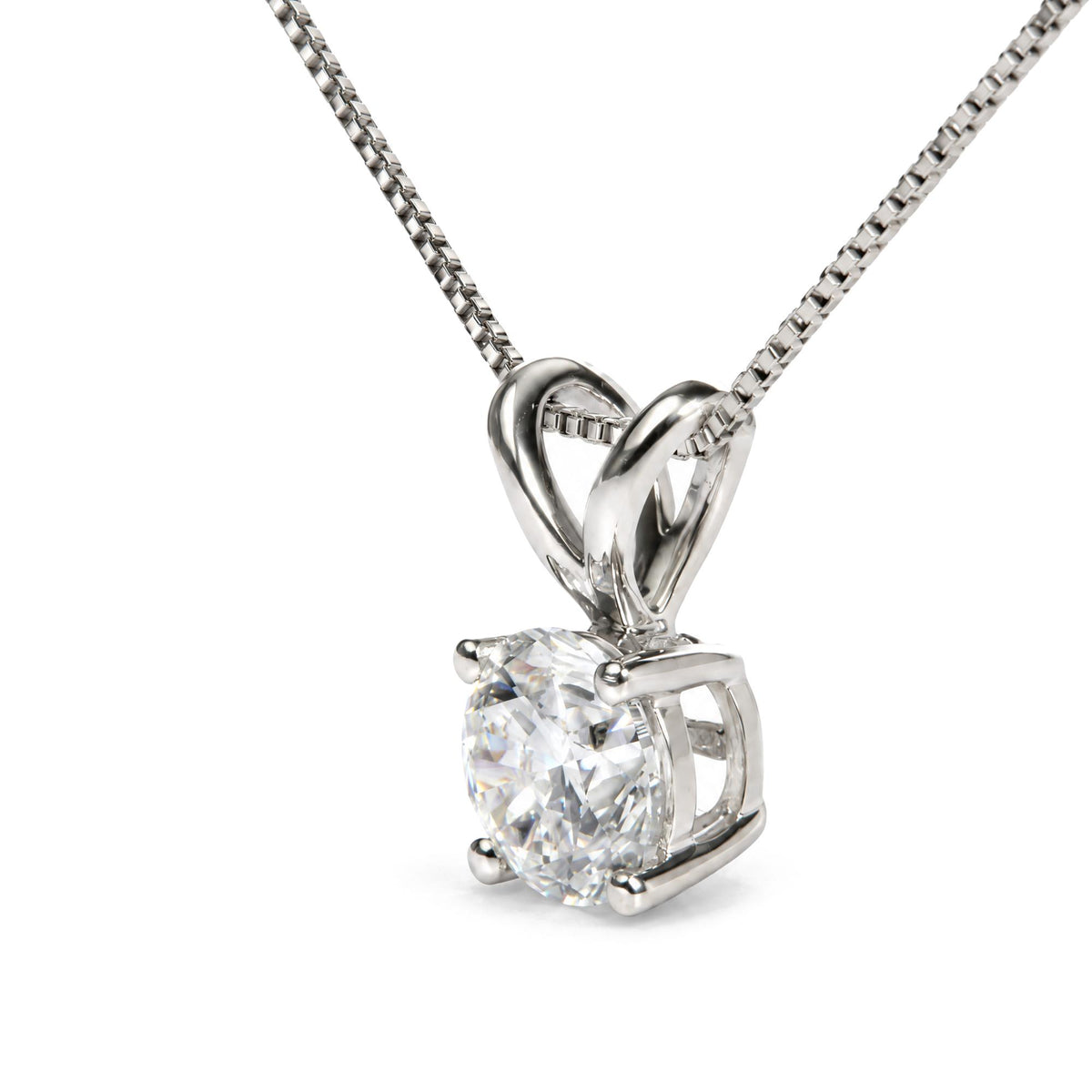 Close-up of sterling silver 1.0 cttw lab-grown diamond solitaire pendant necklace showcasing round prong-set stone on white background