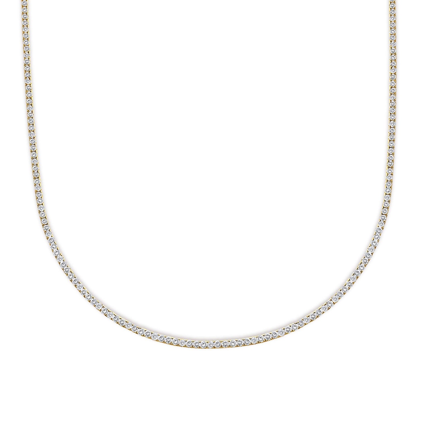 Close-up front view of a yellow metal necklace set with round white gemstones in 4-prong settings.