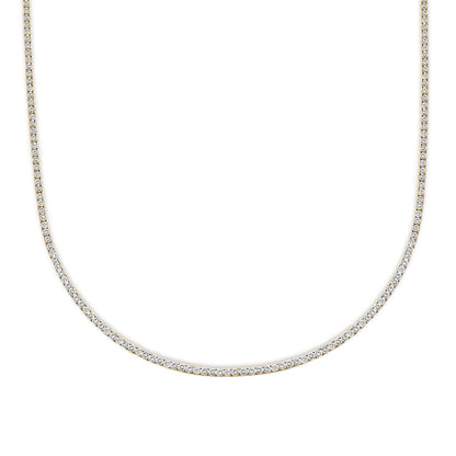 Close-up front view of a yellow metal necklace set with round white gemstones in 4-prong settings.