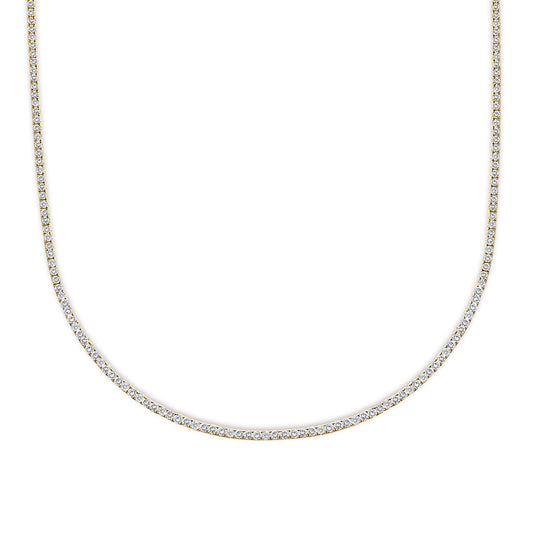 Close-up front view of a yellow metal necklace set with round white gemstones in 4-prong settings.