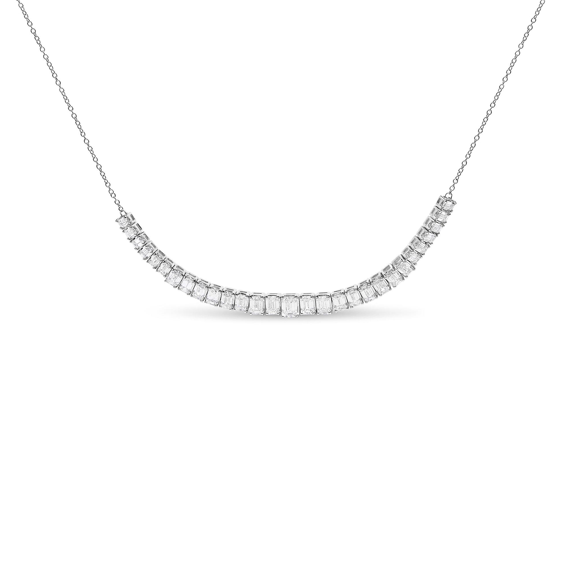Close-up front view of a white metal necklace featuring a curved row of rectangular white gemstones set with four-prong settings, shown against a white background.