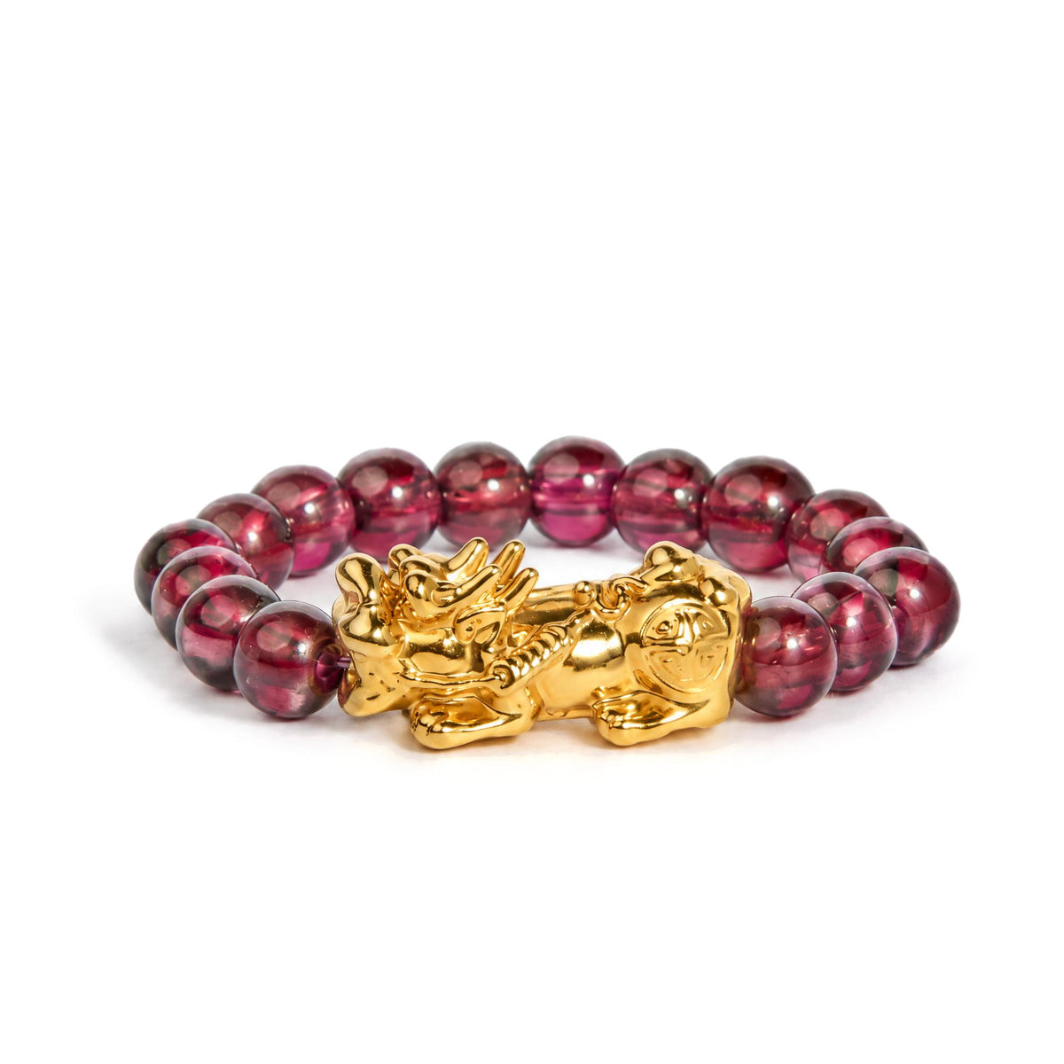 18K Yellow Gold Red Garnet Beaded Stretch Ring with Sculpted Dragon Charm
