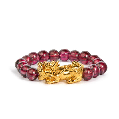 18K Yellow Gold Red Garnet Beaded Stretch Ring with Sculpted Dragon Charm