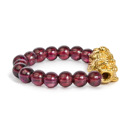 18K Yellow Gold Red Garnet Beaded Stretch Ring with Sculpted Dragon Charm