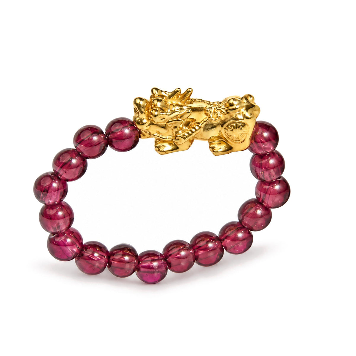 18K Yellow Gold Red Garnet Beaded Stretch Ring with Sculpted Dragon Charm