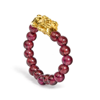18K Yellow Gold Red Garnet Beaded Stretch Ring with Sculpted Dragon Charm