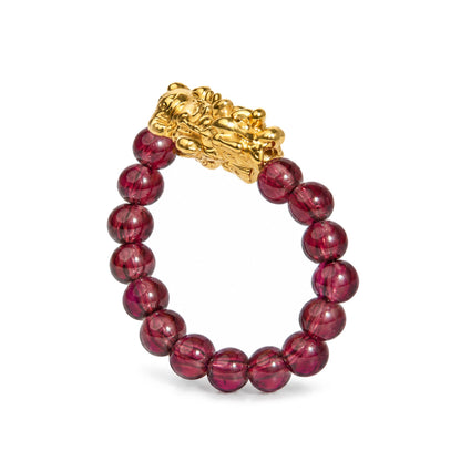 18K Yellow Gold Red Garnet Beaded Stretch Ring with Sculpted Dragon Charm