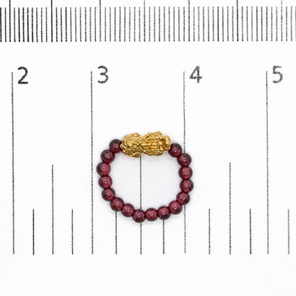 18K Yellow Gold Red Garnet Beaded Stretch Ring with Sculpted Dragon Charm