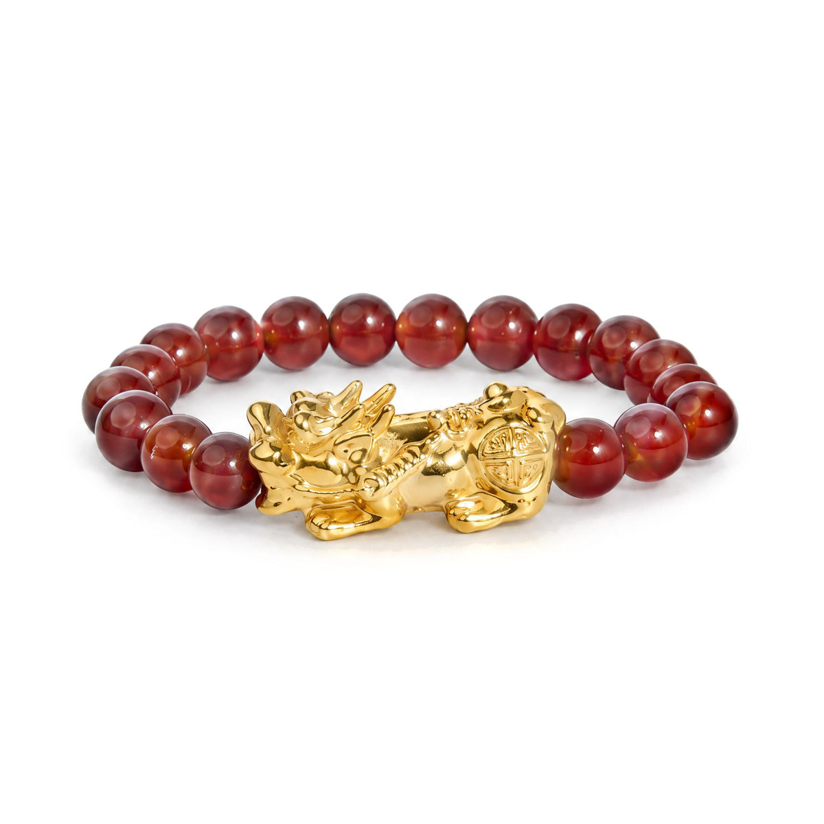 18K Yellow Gold Red Agate Beaded Stretch Ring with Sculpted Dragon Charm