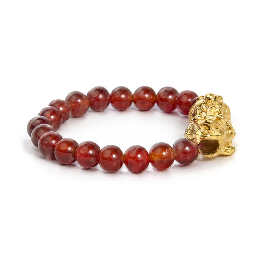 18K Yellow Gold Red Agate Beaded Stretch Ring with Sculpted Dragon Charm