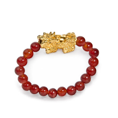 18K Yellow Gold Red Agate Beaded Stretch Ring with Sculpted Dragon Charm