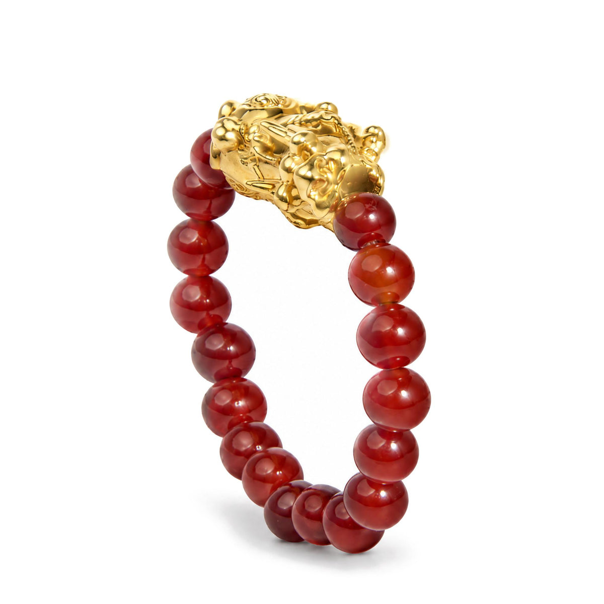 18K Yellow Gold Red Agate Beaded Stretch Ring with Sculpted Dragon Charm