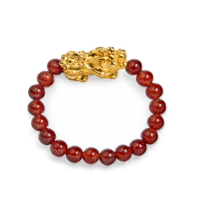 18K Yellow Gold Red Agate Beaded Stretch Ring with Sculpted Dragon Charm