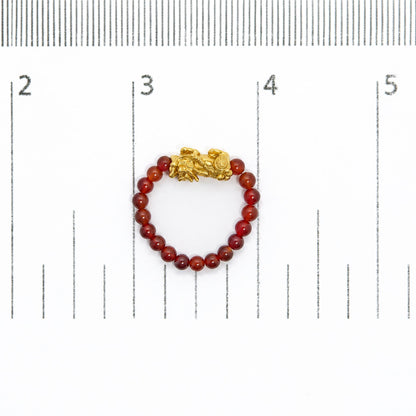 18K Yellow Gold Red Agate Beaded Stretch Ring with Sculpted Dragon Charm
