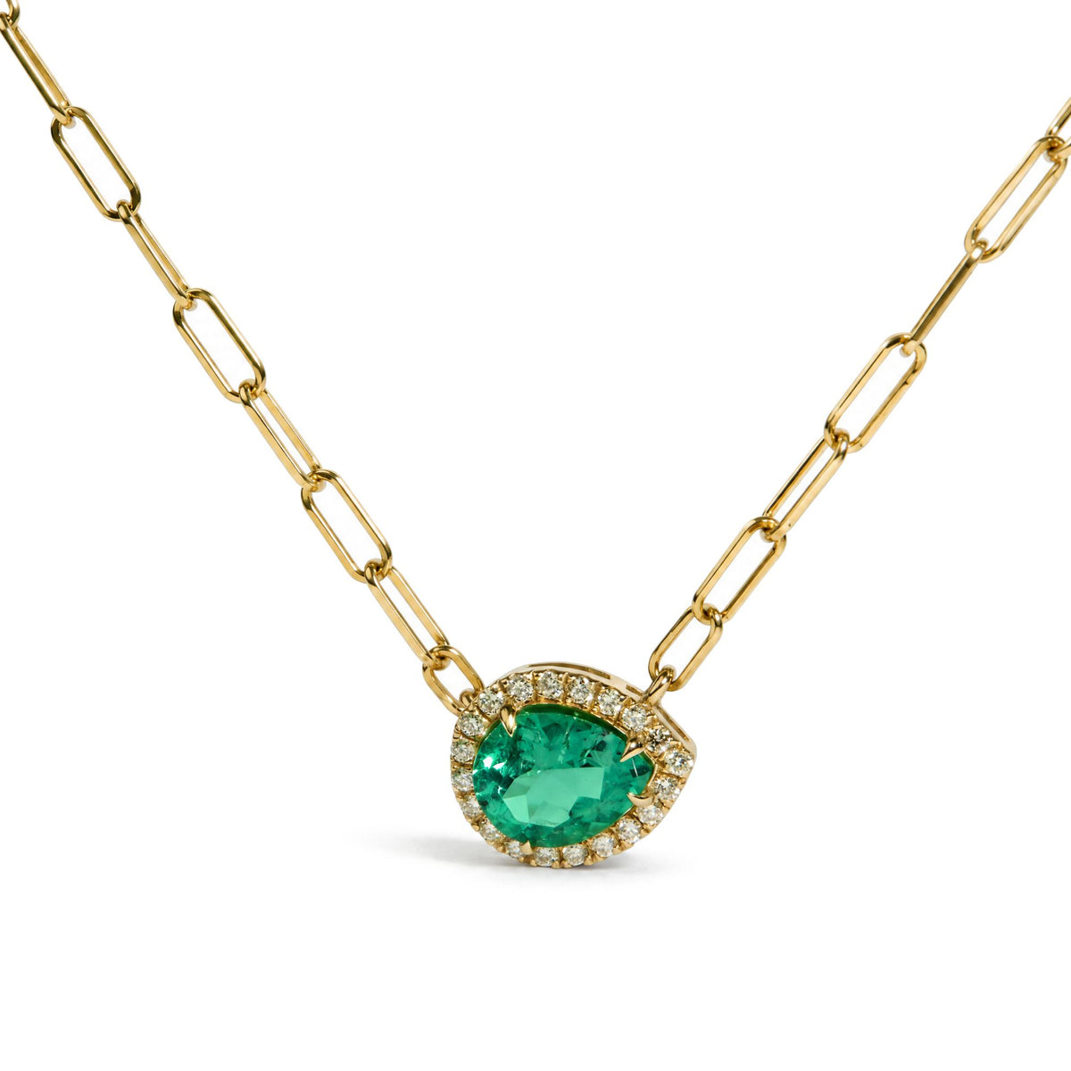 14K Yellow Gold Pear-Cut Lab Created Emerald & Lab-Grown Diamond Accent Halo Pendant Necklace