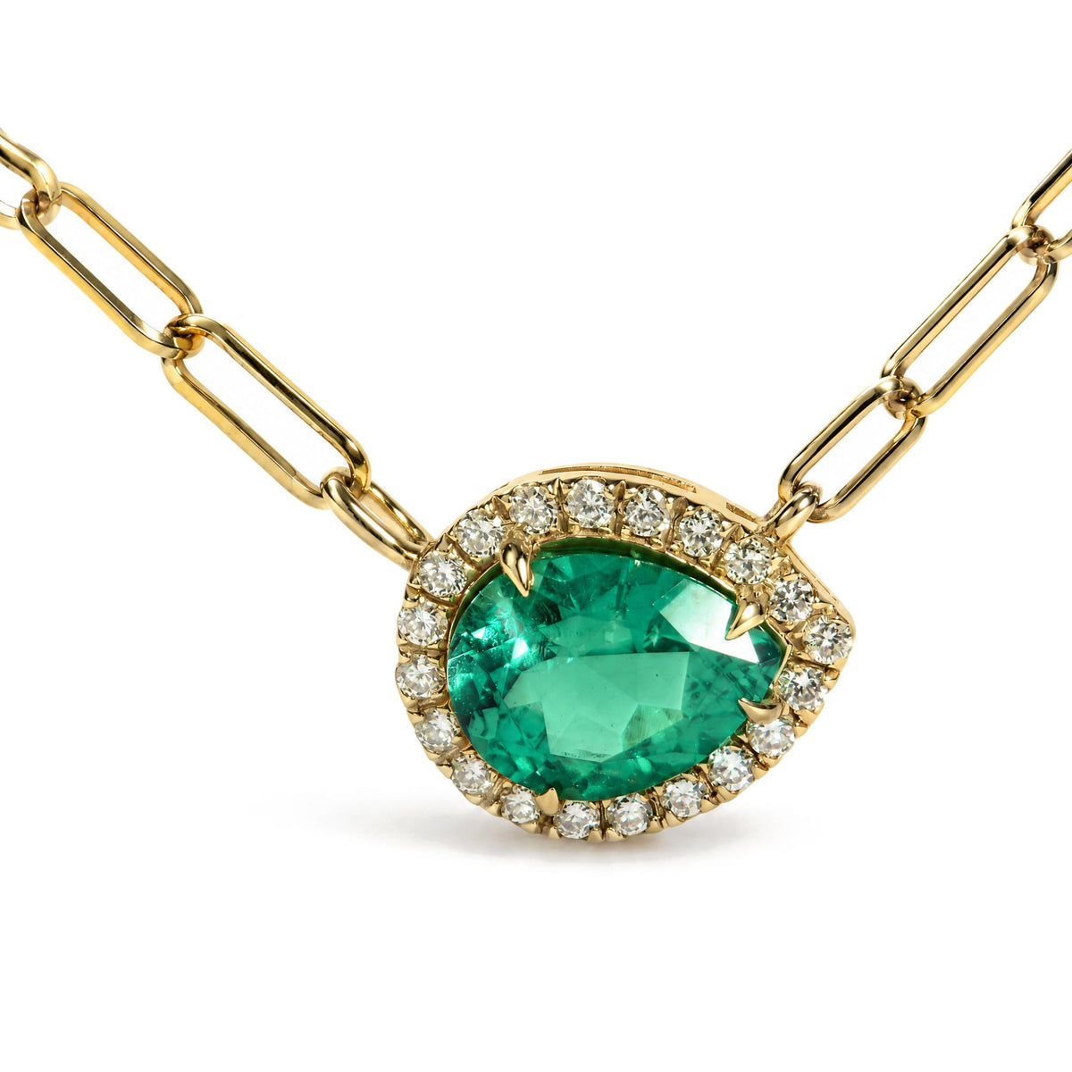 14K Yellow Gold Pear-Cut Lab Created Emerald & Lab-Grown Diamond Accent Halo Pendant Necklace