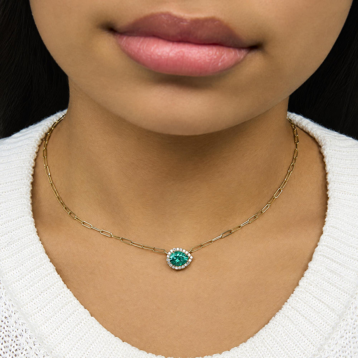 14K Yellow Gold Pear-Cut Lab Created Emerald & Lab-Grown Diamond Accent Halo Pendant Necklace