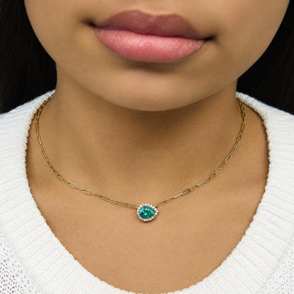 14K Yellow Gold Pear-Cut Lab Created Emerald & Lab-Grown Diamond Accent Halo Pendant Necklace