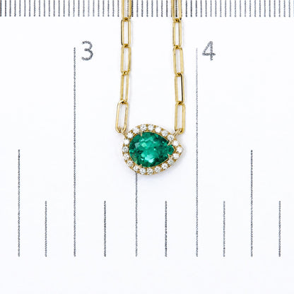 14K Yellow Gold Pear-Cut Lab Created Emerald & Lab-Grown Diamond Accent Halo Pendant Necklace