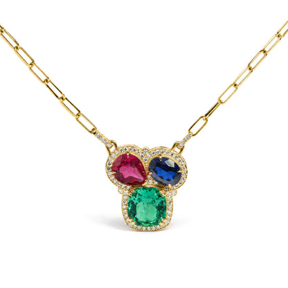 14K Yellow Gold Lab-Created Ruby, Sapphire & Emerald Pendant Necklace with 1/3 Cttw Lab-Grown Diamond Halos