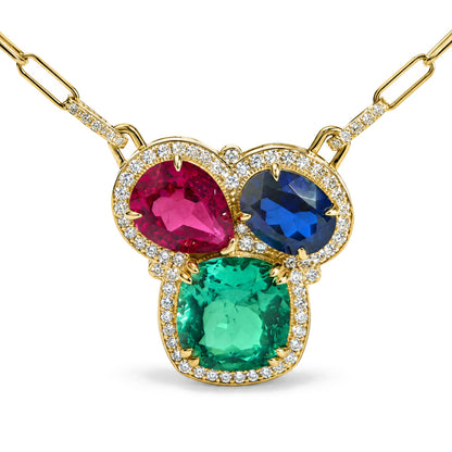 14K Yellow Gold Lab-Created Ruby, Sapphire & Emerald Pendant Necklace with 1/3 Cttw Lab-Grown Diamond Halos