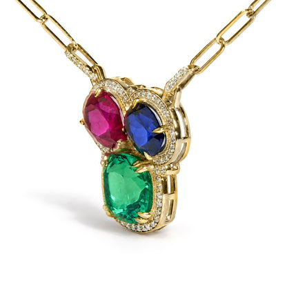 14K Yellow Gold Lab-Created Ruby, Sapphire & Emerald Pendant Necklace with 1/3 Cttw Lab-Grown Diamond Halos
