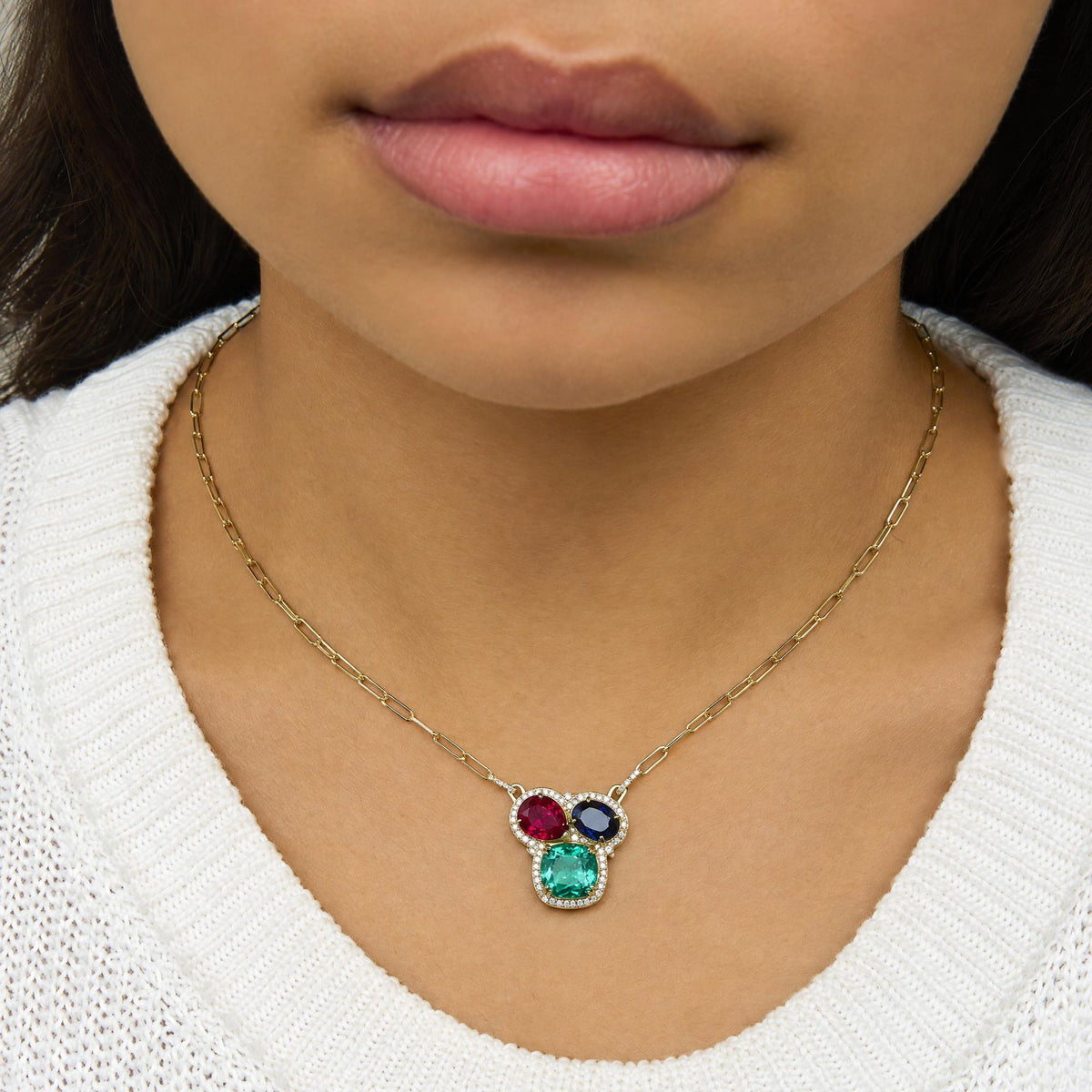 14K Yellow Gold Lab-Created Ruby, Sapphire & Emerald Pendant Necklace with 1/3 Cttw Lab-Grown Diamond Halos